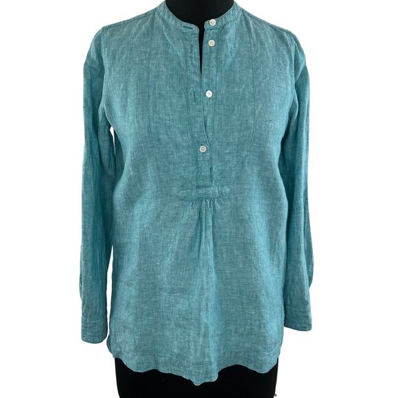 J Crew Baird McNutt Irish Linen Turquoise Blue Long Sleeves Popover Top Size 0 - Picture 1 of 12